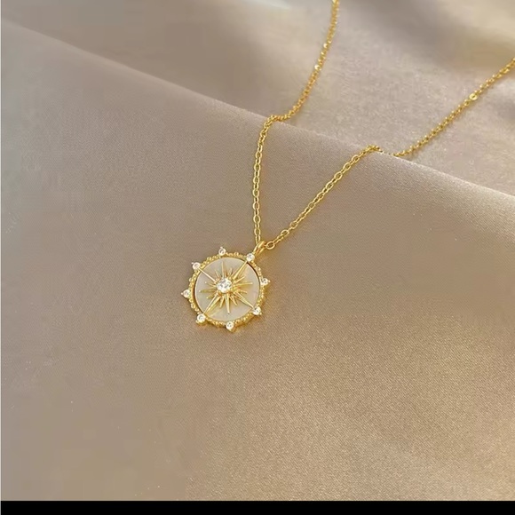Gold Compass Starburst Pendant Necklace – Mother of Pearl & CZ - Picture 2 of 5